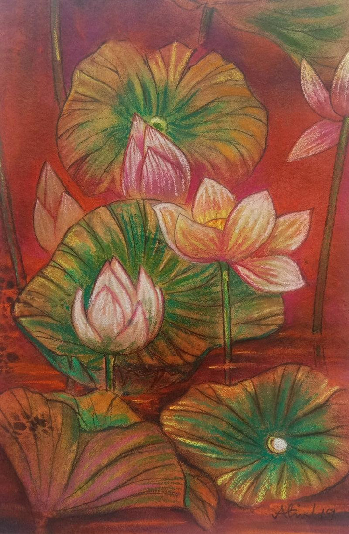 Nature mixed media painting titled 'Melody Of Lotus 2', 21x14 inches, by artist Atin Mitra on Paper