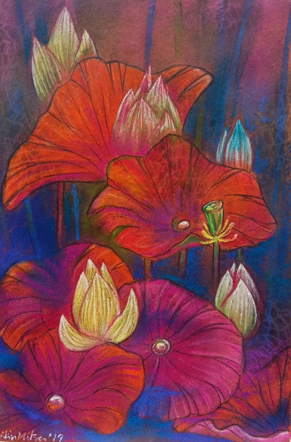 Nature mixed media painting titled 'Melody Of Lotus 3', 21x14 inches, by artist Atin Mitra on Paper