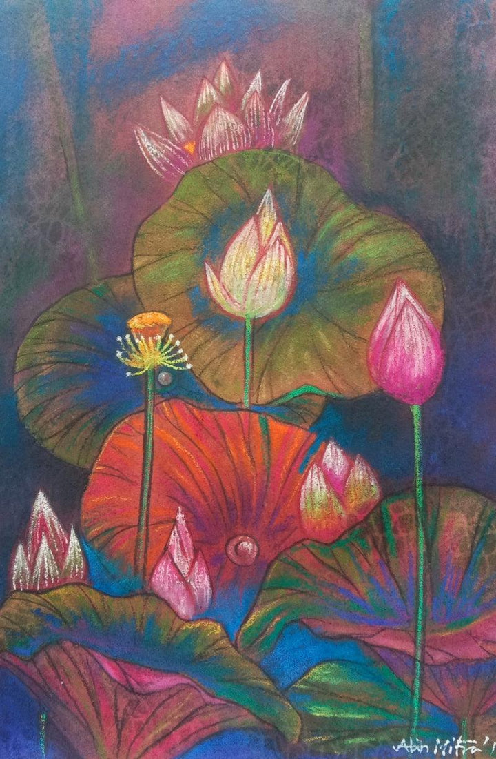 Nature mixed media painting titled 'Melody Of Lotus 4', 21x14 inches, by artist Atin Mitra on Paper