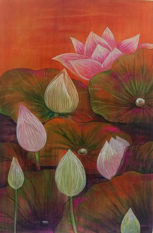 Nature mixed media painting titled 'Melody Of Lotus 5', 19x13 inches, by artist Atin Mitra on Paper