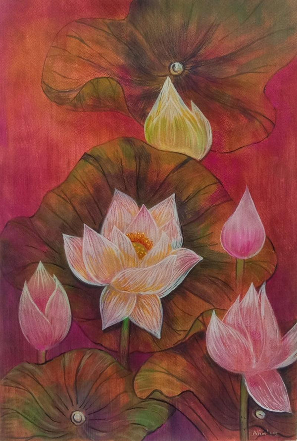 Nature mixed media painting titled 'Melody Of Lotus 6', 19x13 inches, by artist Atin Mitra on Paper