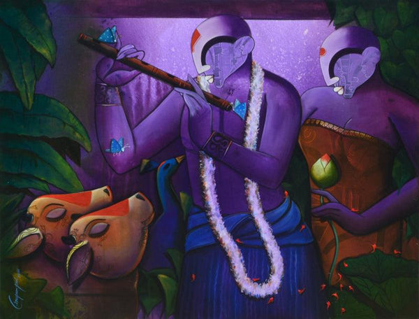 Religious acrylic painting titled 'Melody Of Purple', 47x36 inches, by artist Anupam Pal on canvas