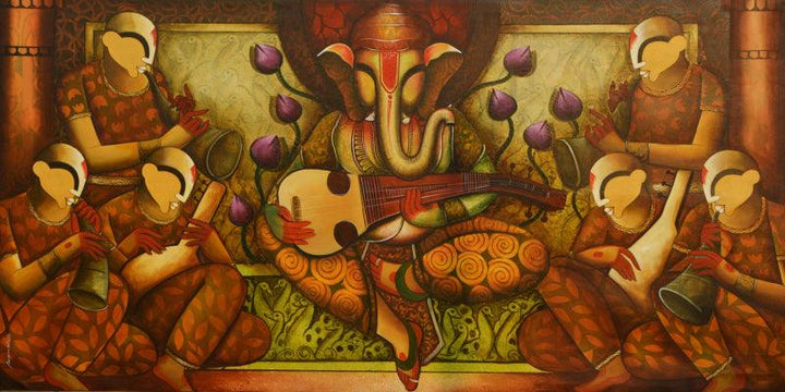 Religious acrylic painting titled 'Melody Of The Divine', 96x48 inches, by artist Anupam Pal on canvas