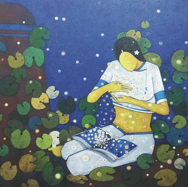 Figurative acrylic painting titled 'Memory', 24x24 inches, by artist Sujit Giram on Canvas