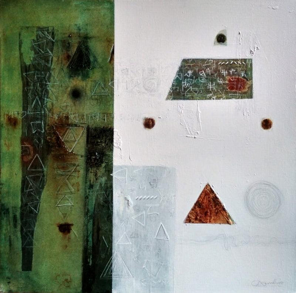 Abstract mixed media painting titled 'Memory Of Old Home', 26x26 inches, by artist Kaushlendra Pratap Singh on Canvas