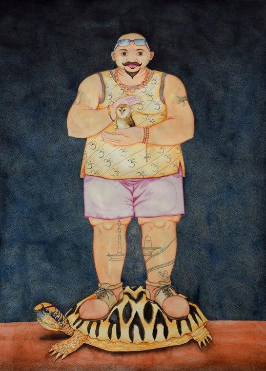 Figurative mixed media painting titled 'Men Should Be Disturbed To Survive In Th', 39x27 inches, by artist Sajith Puthukkalavattom on paper