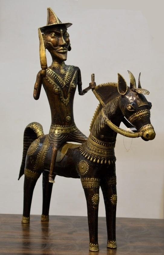 Figurative sculpture titled 'Men With Horse', 78x28x4 inches, by artist Kushal Bhansali on Brass