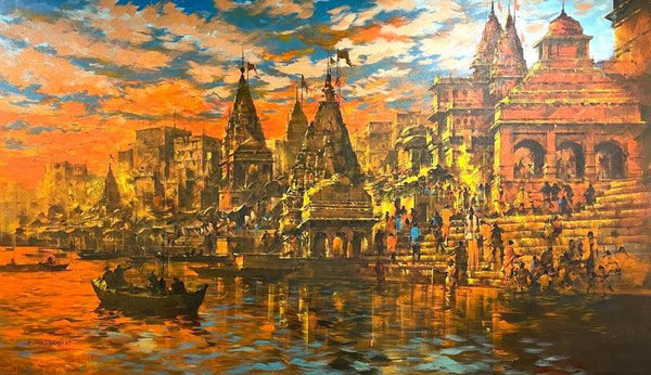 Cityscape acrylic painting titled 'Meri Kashi 1', 42x72 inches, by artist Sandeep Chhatraband on Canvas