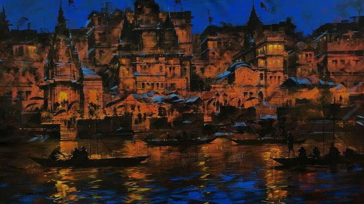 Cityscape acrylic painting titled 'Meri Kashi 2', 36x60 inches, by artist Sandeep Chhatraband on Canvas