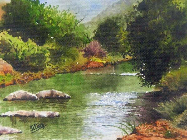 Landscape watercolor painting titled 'Mesmerizing Stillness', 11x15 inches, by artist Jitendra Sule on Handmade Paper