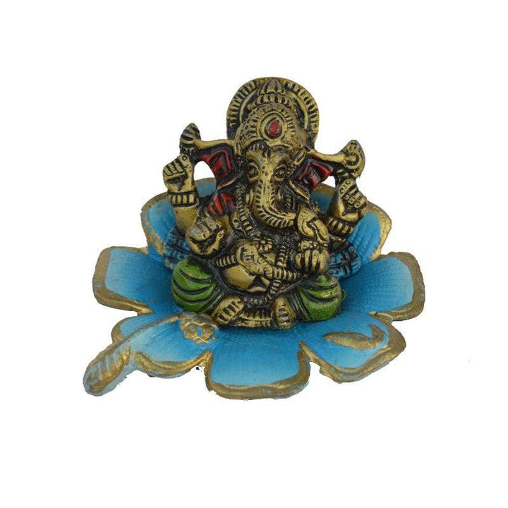 Religious craft titled 'Metal Ganesha Statue on Sky Blue Leaf', 3x4x4 inches, by artist E Craft on Metal