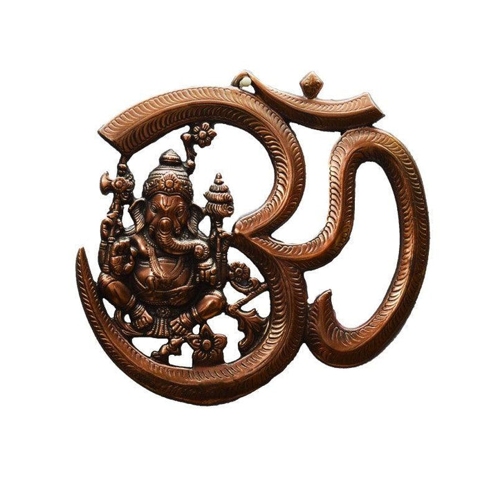 Religious craft titled 'Metal wall hanging of Ganesha with Om', 11x11 inches, by artist E Craft on Metal