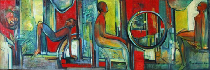 Figurative oil painting titled 'Metro Life', 72x24 inches, by artist Pijush Kanti Bera on Canvas