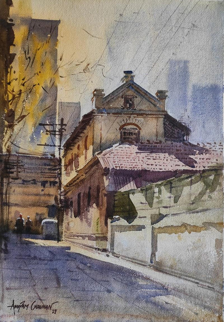 Cityscape watercolor painting titled 'Mg Road Lane', 20x14 inches, by artist Anupam Chauhan on Paper