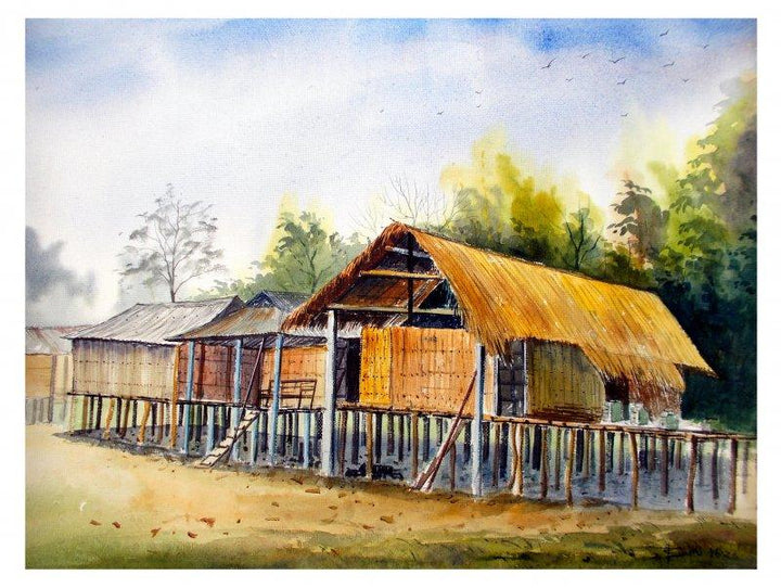 Landscape watercolor painting titled 'Miching Tradition House 1', 22x29 inches, by artist Biki Das on Paper