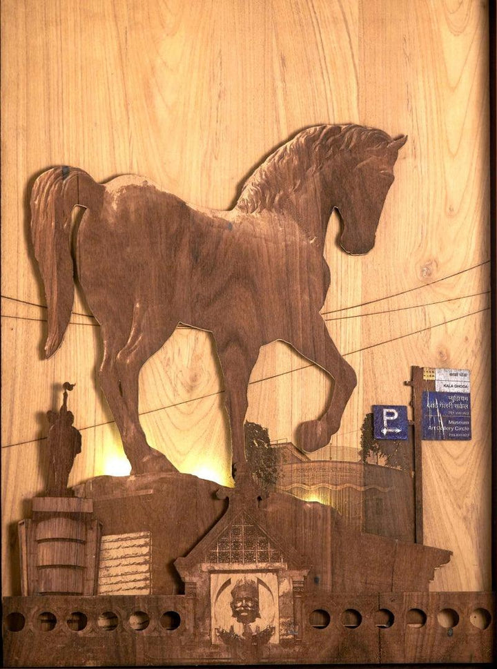 Cityscape sculpture titled 'Mid Gallop', 38x27x3 inches, by artist Shriram Mandale on Teak Wood