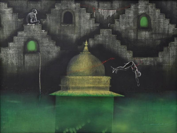 contemporary mixed media painting titled 'Midnight at Badi Lake', 47x35 inches, by artist Nirmal Yadav on Canvas