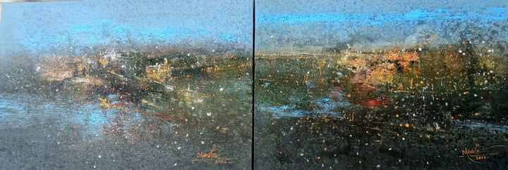 Abstract acrylic painting titled 'Midnight Guwahati 3 (Diptych)', 24x64 inch, by artist Dnyaneshwar Dhavale on Canvas