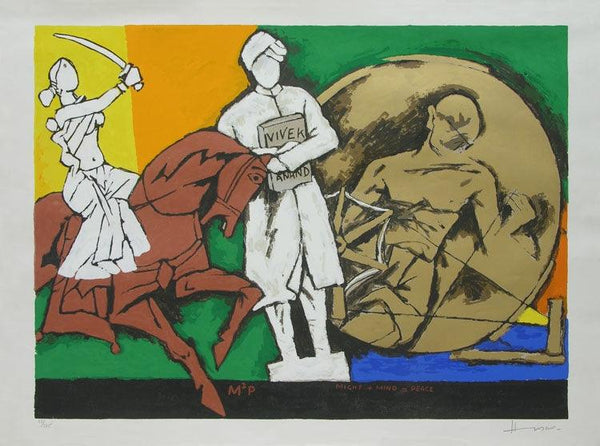 Figurative serigraphs painting titled 'Might Mind Peace 1', 40x54 inches, by artist M. F. Husain on Paper