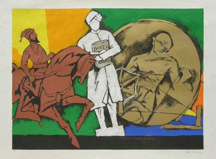 Figurative serigraphs painting titled 'Might Mind Peace 2', 40x54 inches, by artist M. F. Husain on Paper