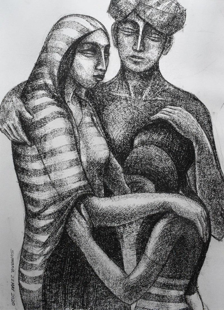 Figurative dry pastel drawing titled 'Migrant Worker', 30x22 inches, by artist Sumana Nath De on Paper