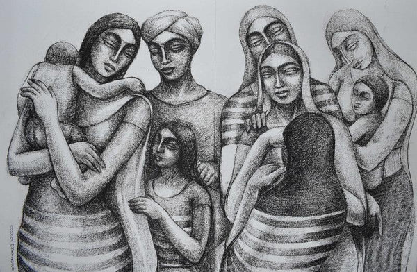 Figurative dry pastel drawing titled 'Migrant Workers Waiting To Return Home', 22x58 inches, by artist Sumana Nath De on Paper