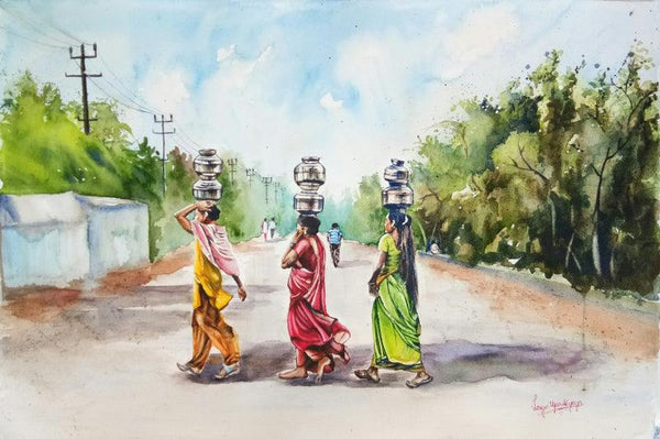 Figurative watercolor painting titled 'Miles to go to fill their pots', 21x14 inches, by artist Lasya Upadhyaya on Paper