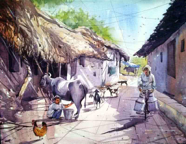 Landscape watercolor painting titled 'Milk Man', 30x22 inches, by artist Amit Kapoor on Handmade Paper