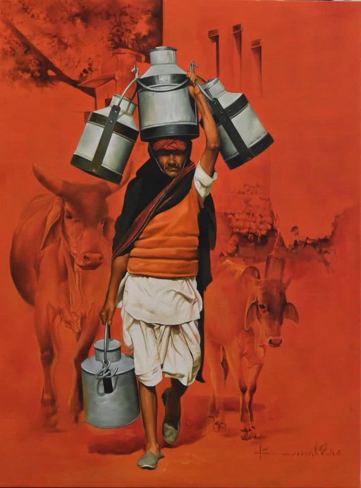 Realistic oil painting titled 'Milkman', 36x48 inches, by artist Kamal Rao on Canvas