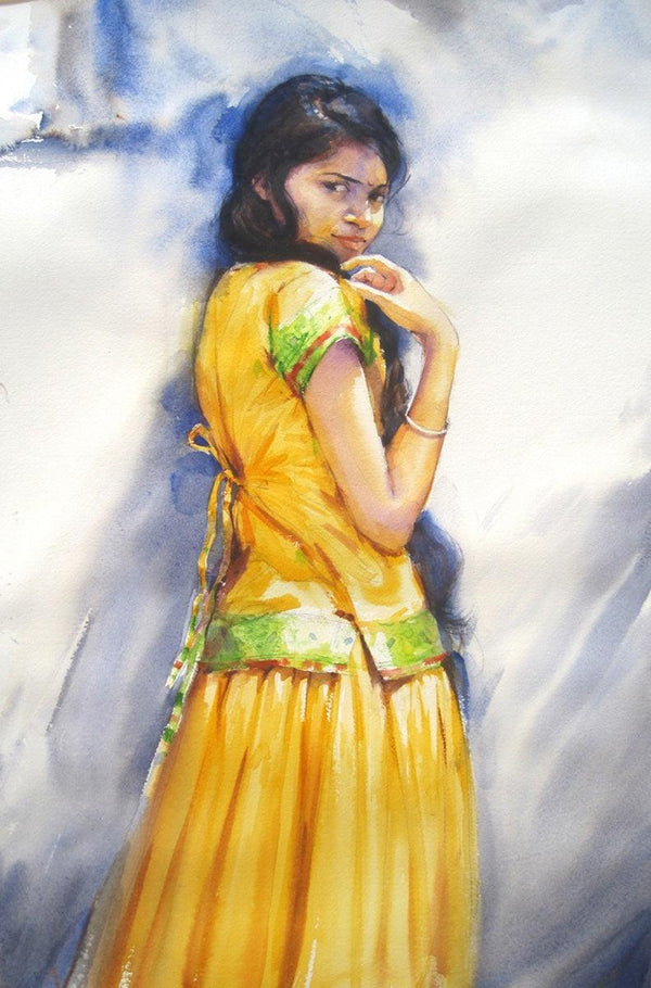 Figurative watercolor painting titled 'Minaxi 1', 26x22 inches, by artist Vijay Jadhav on Paper