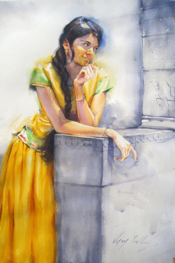 Figurative watercolor painting titled 'Minaxi 2', 21x14 inches, by artist Vijay Jadhav on Paper