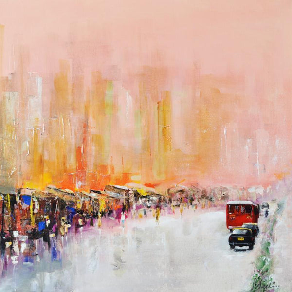 Cityscape acrylic painting titled 'Mind The Gap', 36x36 inches, by artist Tejinder Ladi  Singh on Canvas
