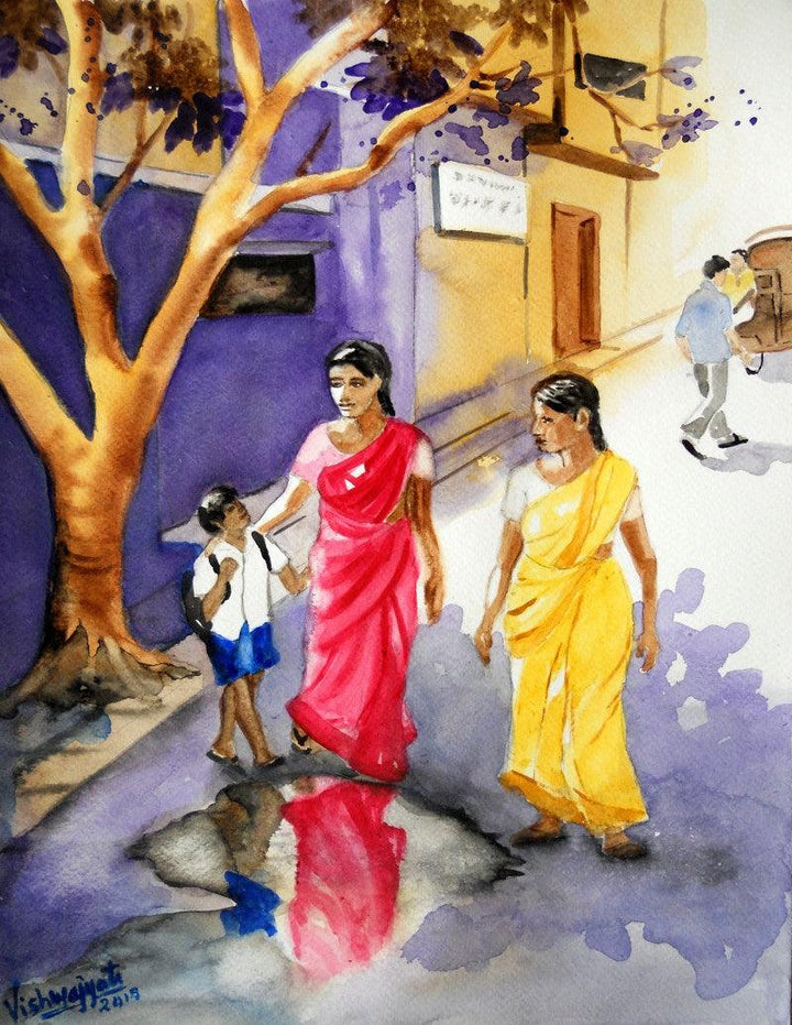 Figurative watercolor painting titled 'Mind Your Step My Son', 16x12 inches, by artist Vishwajyoti Mohrhoff on Paper