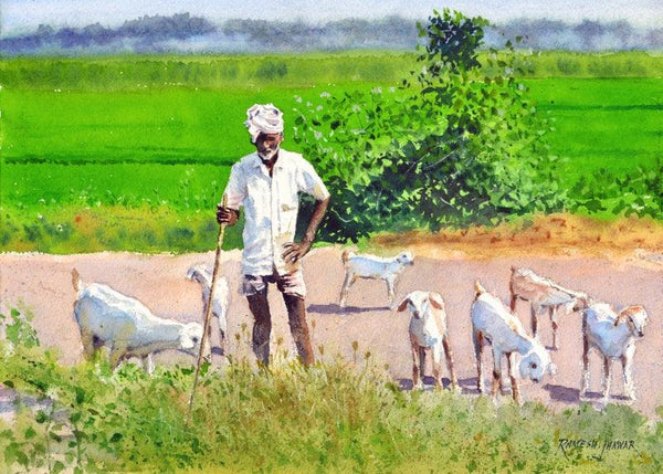 Figurative watercolor painting titled 'Minding His Herd 2', 12x16 inches, by artist Ramesh Jhawar on Paper