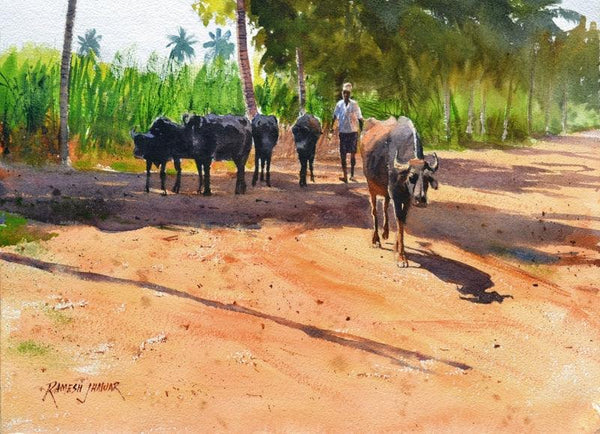 Landscape watercolor painting titled 'Minding His Herd 3', 12x16 inches, by artist Ramesh Jhawar on Paper