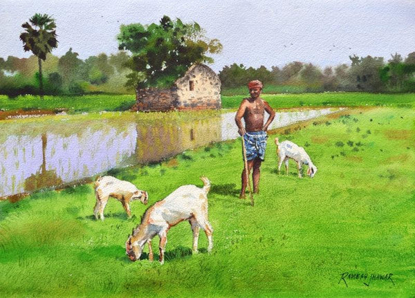 Figurative watercolor painting titled 'Minding His Herd 4', 12x16 inches, by artist Ramesh Jhawar on Paper