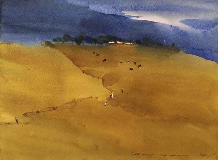 Landscape watercolor painting titled 'Minimalists Indian Summer', 21x29 inches, by artist Prashant Prabhu on Arches Paper