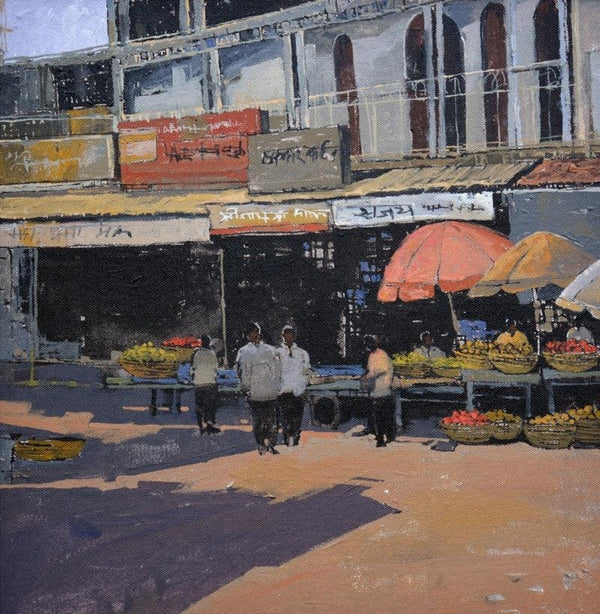 Cityscape acrylic painting titled 'Miraj Market', 20x20 inches, by artist Prashant Kulkarni on Canvas