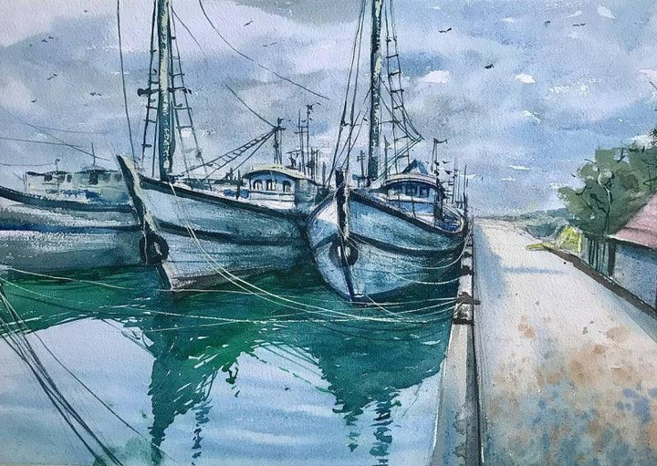 Landscape watercolor painting titled 'Mirror Boats', 14x20 inches, by artist KS Farvez on Paper