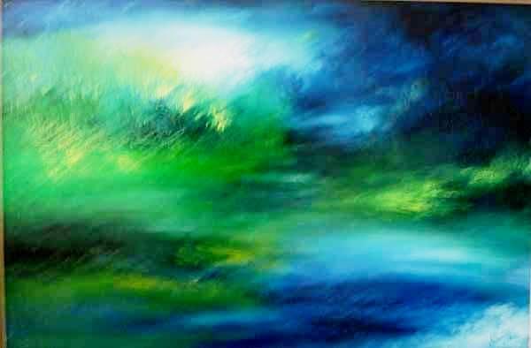 Abstract acrylic painting titled 'MISTY BLUE', 24x36 inches, by artist Shuchi Khanna on Canvas