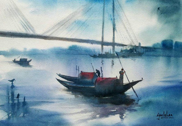 Seascape watercolor painting titled 'Misty Morning', 18x13 inches, by artist Gulshan Achari on Paper