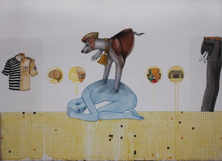 contemporary mixed media painting titled 'Mobile Mind D', 22x30 inches, by artist Nandkishor Saindane on Paper