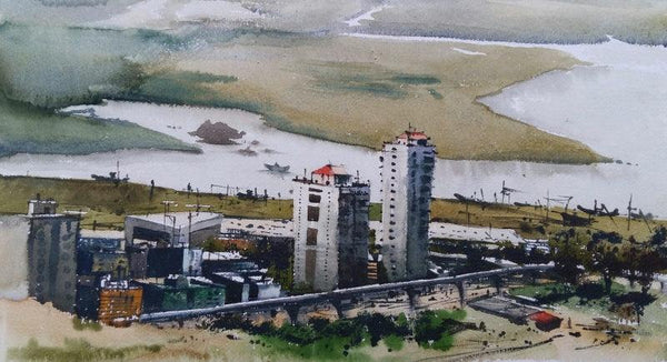 Landscape watercolor painting titled 'Modern City', 21x10 inches, by artist Kiran Gunjkar on Handmade Paper