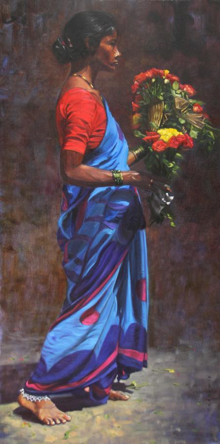 Realistic oil painting titled 'Modesty', 44x18 inches, by artist Vivek Vadkar on Canvas