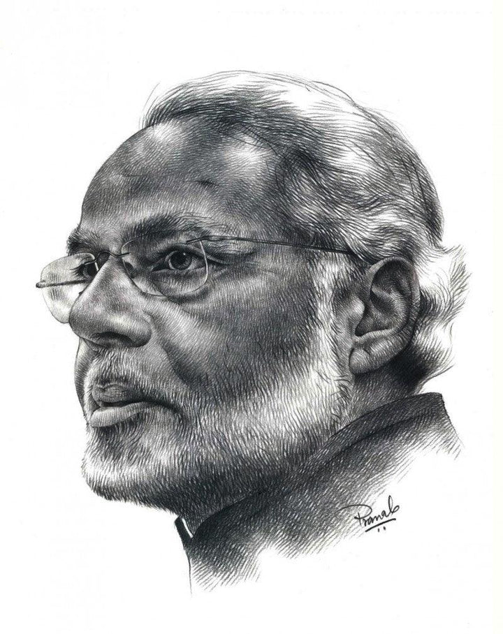 Portrait pencil drawing titled 'Modi', 11x8 inches, by artist Pranab Das on Paper