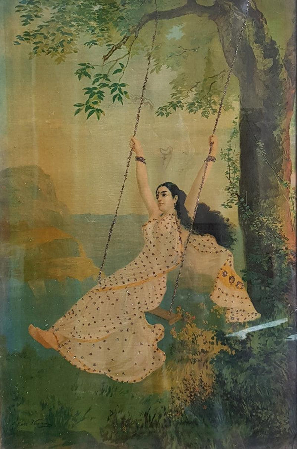 Figurative oleograph painting titled 'Mohini', 41x29 inches, by artist Raja Ravi Varma on Paper