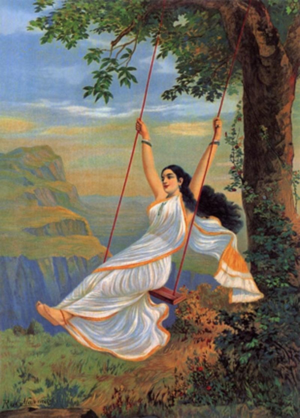 Figurative oil painting titled 'Mohini On Swing', 24x19 inches, by artist Raja Ravi Varma on Canvas