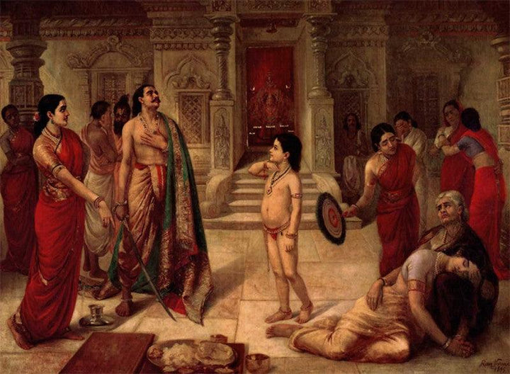 Figurative oil painting titled 'Mohini Rukhmangadha', 27x36 inches, by artist Raja Ravi Varma Reproduction on Canvas