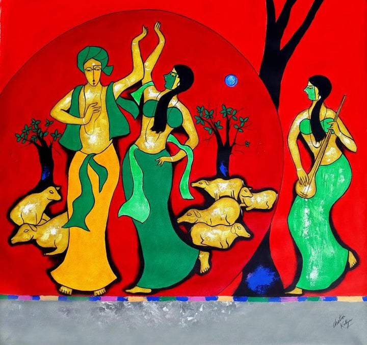 Figurative acrylic painting titled 'Moment Of Love', 48x48 inches, by artist Chetan Katigar on Canvas