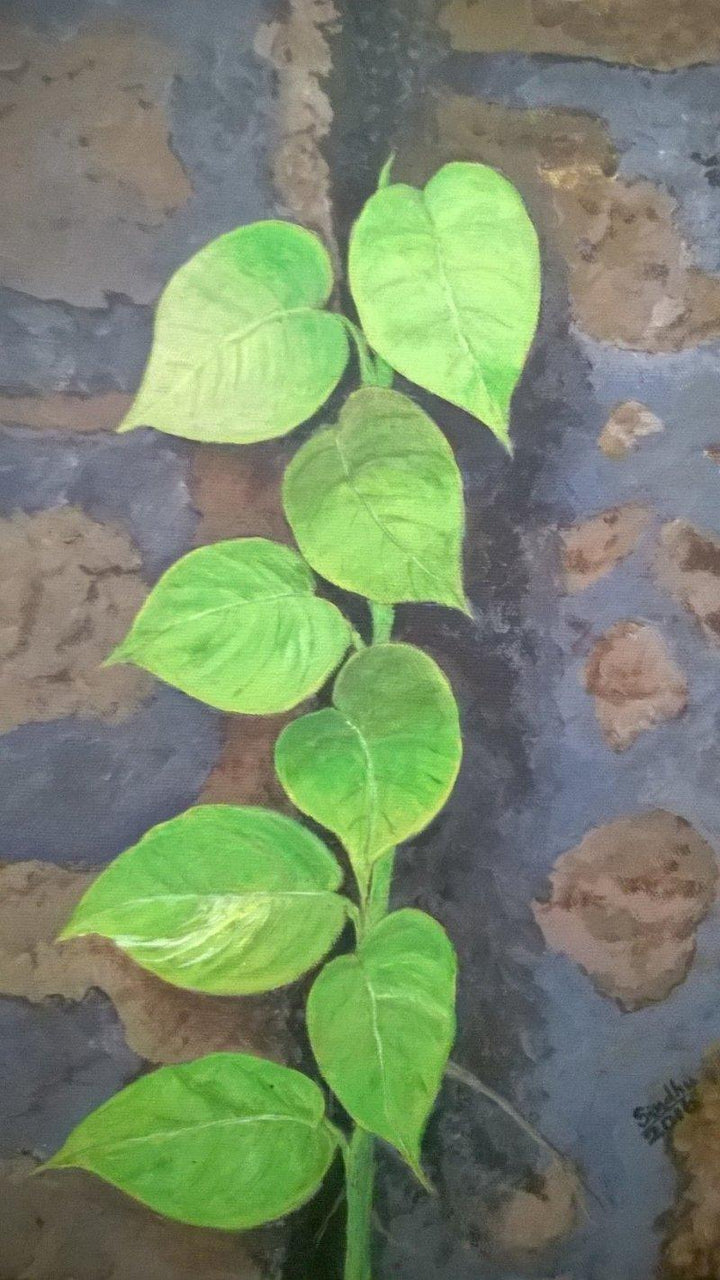 Nature acrylic painting titled 'Money plant on the garden wall', 16x12 inches, by artist Sindhulina Chandrasingh on Canvas